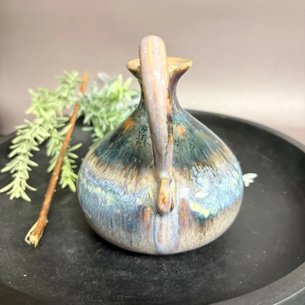 Signed Studio Pottery Pitcher |‎ Small Handmade Ceramic Vase | Blue Drip Glaze